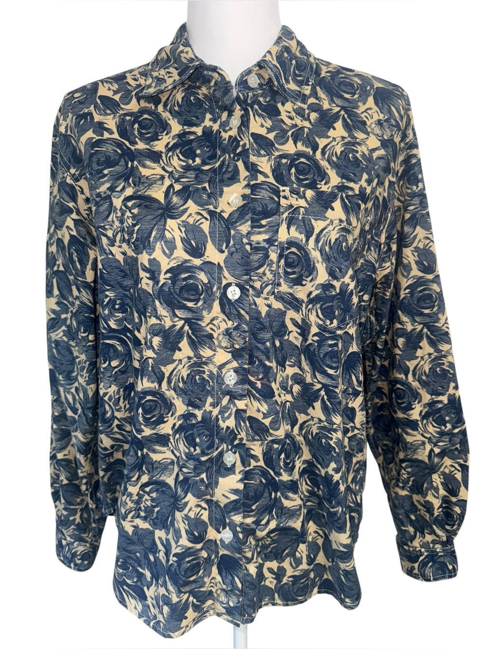Liz Claiborne Lizwear Floral Button Front Shirt Women’s Medium Blue Beige Cotton